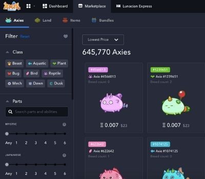 Así se ve el marketplace de Axie Infinity